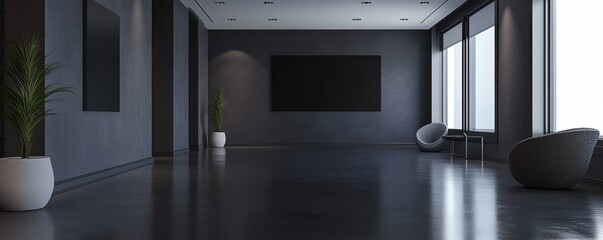 A modern minimalist interior space with large reflective flooring