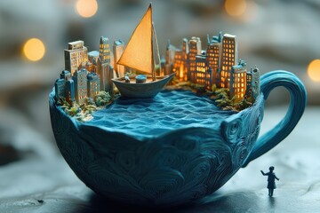 Miniature Cityscape in Coffee Cup.