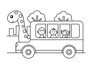 Dinosaur coloring page hand drawn bus line artwork for kids