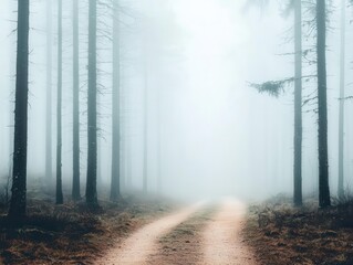 Obraz premium Soft morning light piercing through a misty forest path, moody fog glowing in golden hues