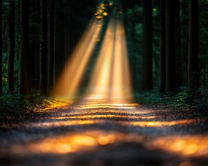 Soft golden light breaking through a misty forest path, moody atmosphere blending warmth and mystery