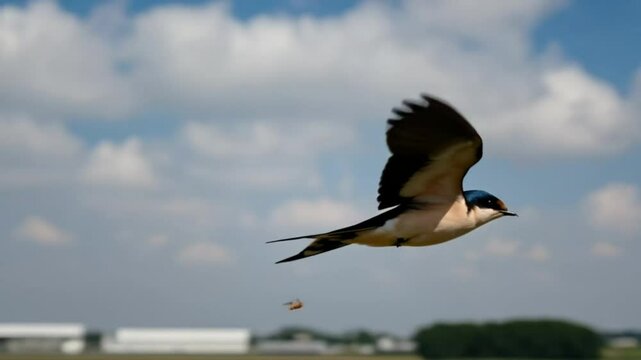 Swallow in flight against cloudy sky