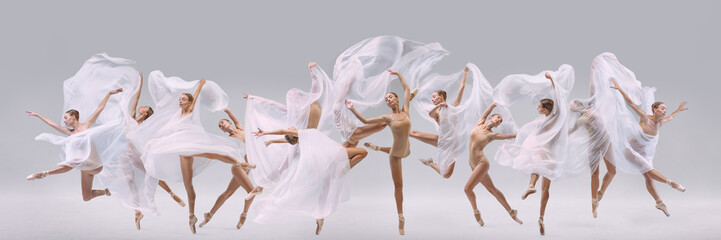 Ethereal collage of graceful poses of ballerina frozen mid-air with translucent white fabric in soft light against neutral background. Concept of ballet, aesthetic, movement, dance, dream, surreal. © Lustre Art Group 
