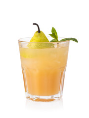 Pear drink with pulp in glass with ice and top of pear in glass isolated on white background, design element
