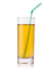 Glass of apple juice with green straw isolated on white background
