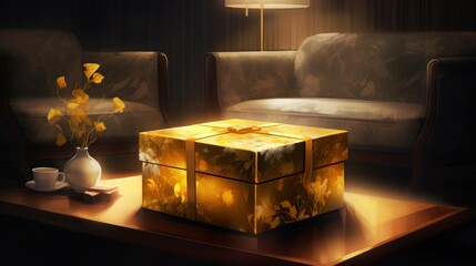 Fototapeta premium Golden gift box in elegant room
