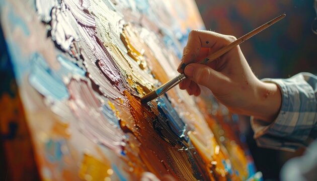 Primer plano de manos sosteniendo pinceles y aplicando pintura al &oacute;leo sobre un lienzo, mostrando la textura de la pintura y el proceso art&iacute;stico.
