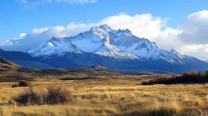 Fototapeta premium Majestic mountain range with snow-capped peaks, golden grasslands, and a clear blue sky