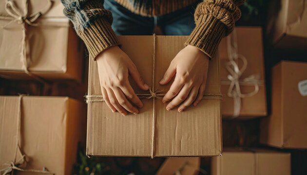 Manos j&oacute;venes empaquetando un paquete en primer plano. Envolver, sellar, enviar, entrega, comercio electr&oacute;nico, caja.

