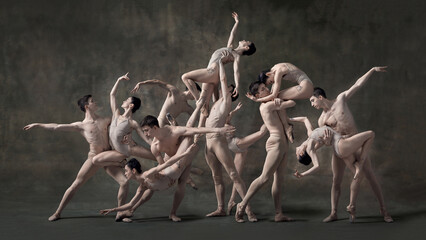 Energetic collage of two models. Ballet group creating sculptural composition through human pyramid and expressive gestures. Concept of ballet, aesthetic, movement, dance, strength, unity. © Lustre Art Group 