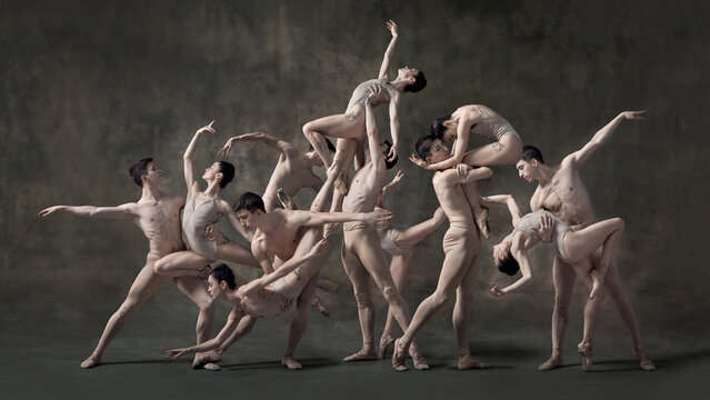Energetic collage of two models. Ballet group creating sculptural composition through human pyramid and expressive gestures. Concept of ballet, aesthetic, movement, dance, strength, unity.