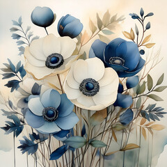 Obraz premium Floral Watercolor: A stunning watercolor composition presents a bouquet of anemones in shades of blue and cream, showcasing soft textures and a delicate artistic style.