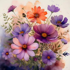 Floral Symphony: A vibrant watercolor bouquet of cosmos flowers in full bloom, each petal a delicate dance of color against a soft, artistic backdrop. Capturing the essence of nature's elegance.
