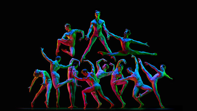 Poster. Collage of 1 model. Male dancer forming acrobatic structure with bold, colorful neon lights and synchronized energy. Concept of ballet, aesthetic, movement, dance, performance, power.