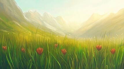 Sunrise over a meadow valley with snow-capped mountains. Lush green grass and vibrant red flowers fill the foreground.  Soft light paints the scene.