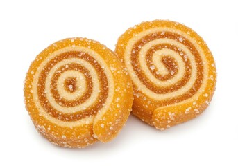 Fototapeta premium Close up of two spiral shaped orange marmalade candies on white background