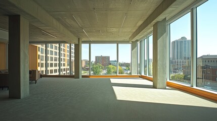 Fototapeta premium Empty modern office space with large windows overlooking city