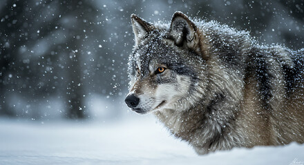 A lone wolf amid a snowfall: A majestic gray wolf braves a snowy woodland landscape, its fur dusted with glistening snowflakes, embodying resilience in the face of the elements.