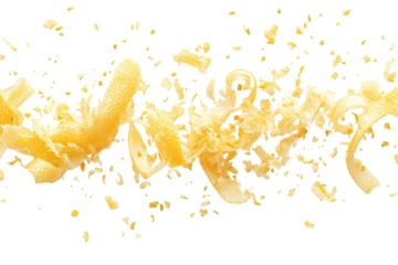 Zesty lemon zest bursts across white a vibrant explosion of citrus peel perfect for recipes and