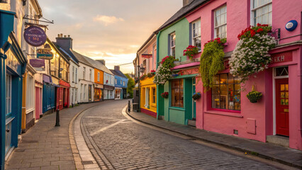 Fototapeta premium Charming Alley in Quaint Irish Town with Bright Facades and Flowers