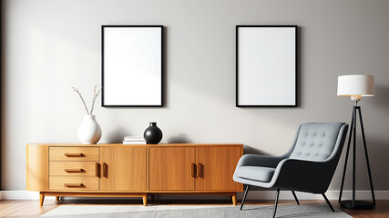 Mid-Century Modern Living Room Interior Design Mockup with Empty Frames