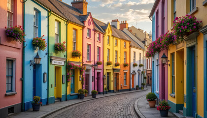 Naklejka premium Picturesque Irish Village Street with Cheerful Homes and Blooming Flowers