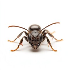 Macro close up shot of a threatening black and orange wasp or ant insect with piercing eyes and legs crawling or flying in a natural outdoor forest garden or underground environment