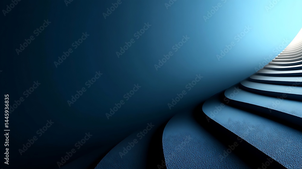 Poster abstract architecture winding staircase ascending to light in deep blue tones