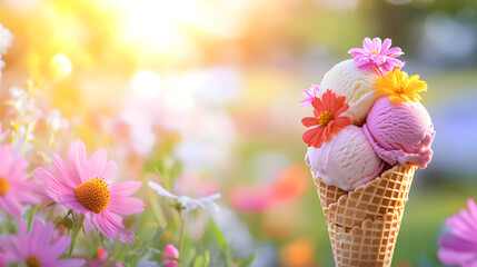 Colorful ice cream cone with three scoops and fresh flowers in a blooming summer garden