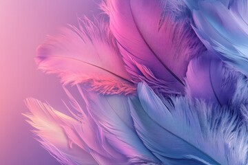 Obraz premium Ethereal floating feathers in pink, purple, and blue with soft gradients on a dreamy light purple background