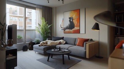 Stylish and scandinavian living room interior of modern apartment with gray sofa, design wooden commode, black table, lamp, abstrac paintings on the wall. Beautiful dog lying on the couch. Home decor.
