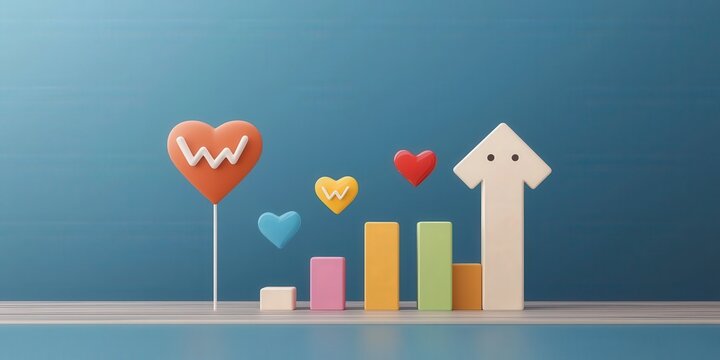 strategic marketing sales strategy trend analysis concept. Colorful growth chart with heart icons and an upward arrow.