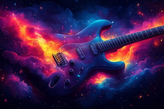 Electric guitar engulfed in cosmic flames, nebula background, music album art