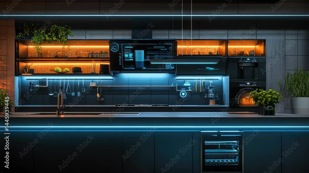 Poster futuristic smart kitchen with advanced holographic interface, touch screen controls, and high-tech d
