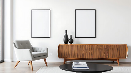 Mid-Century Modern Living Room Interior Design with Blank Frames