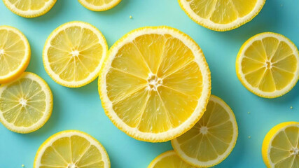 Slices of lemons on blue background. 