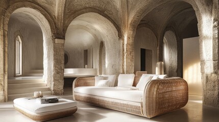 Fototapeta premium Rustic, light-filled living space with a woven rattan sofa.