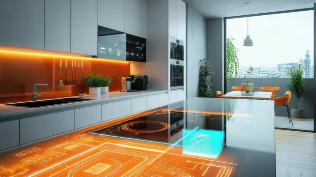 Futuristic smart kitchen with advanced holographic interface, touch screen controls, and high-tech design. Concept of AI-driven home automation and modern technology