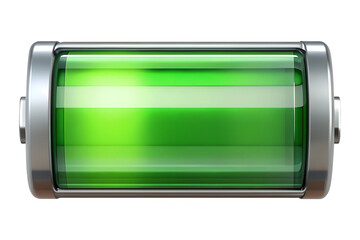 Horizontal battery with a metallic casing and a green charge on transparent background