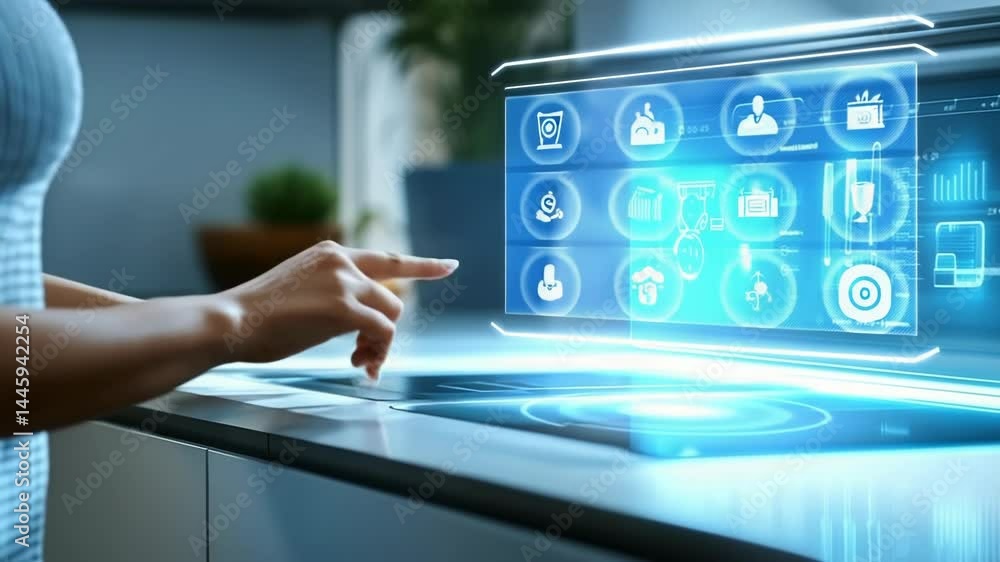 Poster futuristic smart kitchen with advanced holographic interface, touch screen controls, and high-tech d