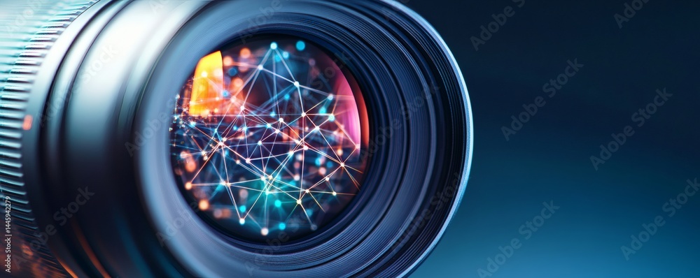 Poster a close up of a camera lens reflecting data network