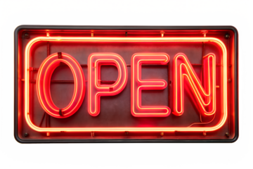 Glowing neon sign displaying the word open in bright letters on transparent background
