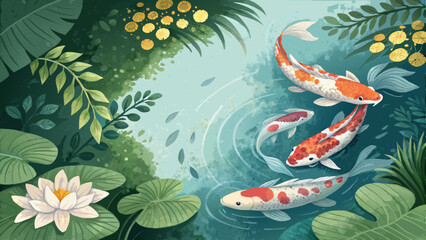 Fototapeta premium Watercolor Koi Fish Background – Colorful Swimming Koi in Lush Foliage Pond – Vibrant Symbol of Strength & Perseverance with Copy Space* 