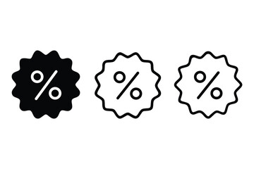 Set of three percentage discount icons in solid and outline styles, ideal for sales, offers, marketing, and promotional graphics.