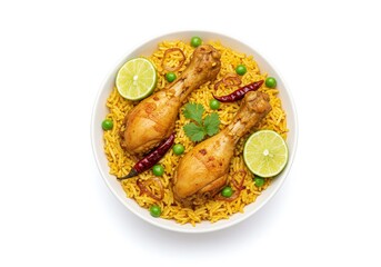 Overhead view of chicken biryani with lime and chili in a white bowl isolated on white background