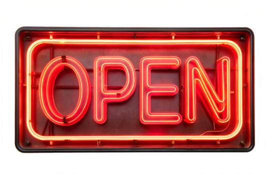 Glowing neon sign displaying the word open in bright letters on transparent background - Powered by Adobe