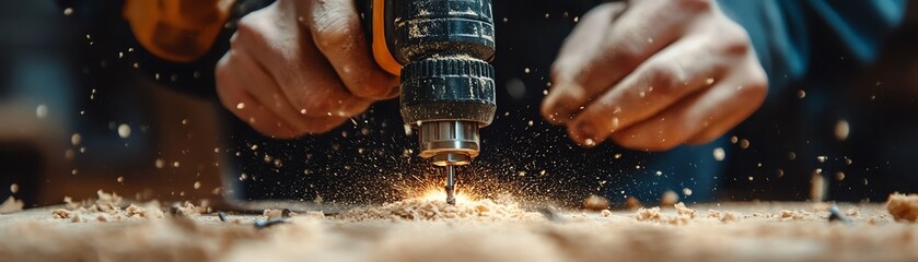 Fototapeta premium A close-up of hands skillfully holding a drill, surrounded by sawdust and screws, showcasing craftsmanship and woodworking expertise.
