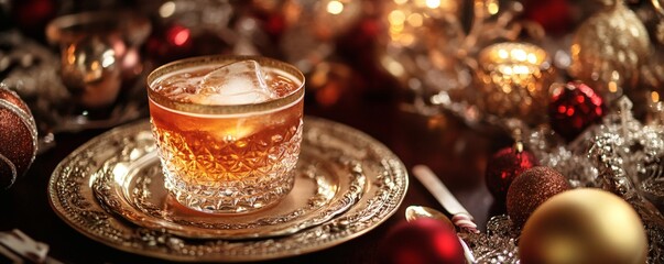 A festive cocktail served in a beautiful ornate decorative setting