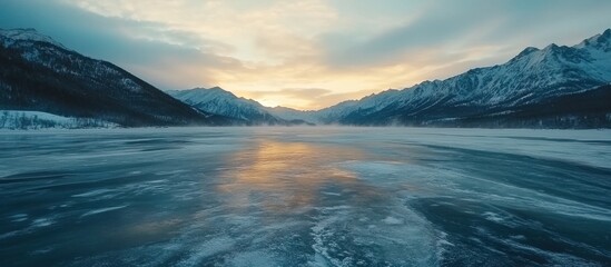 Naklejka premium Frozen Lake at Sunrise, Majestic Mountains