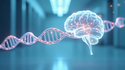 Digital DNA strand and AI brain visualization — futuristic biotech concept for medical innovation and healthcare presentations